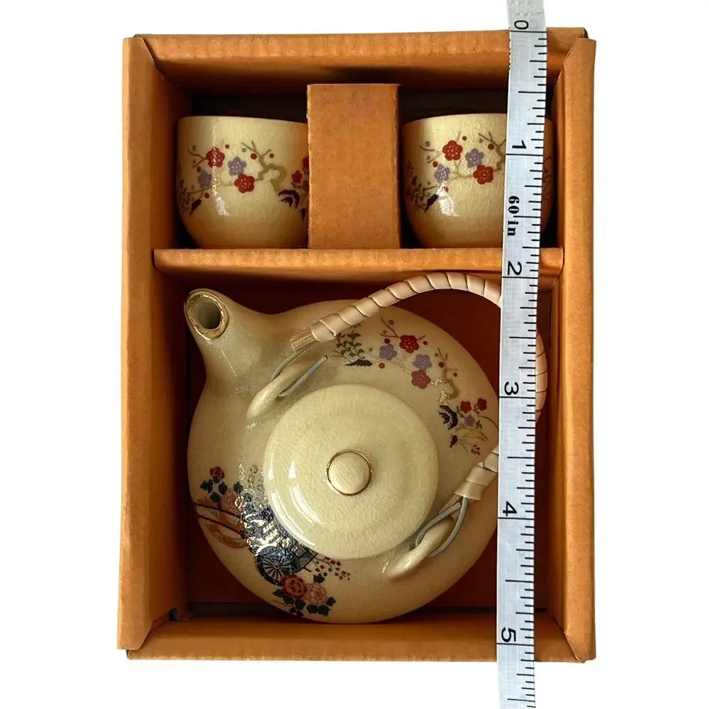 Vintage Japanese Miniature Tea Set Boxed Teapot 2 Cups Crackle Floral Ox Cart